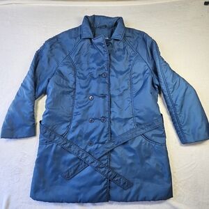 Vintage Allison Smith Womens 16 Blue Nylon Puffer Coat Belted 80s